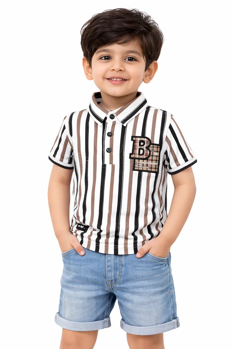 Striped Half-Sleeve Collared T-Shirt for Boys - Brown CLBT00178BRO34YR