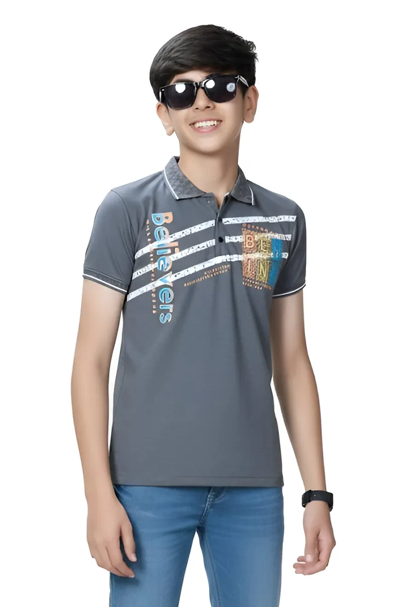 Half-Sleeve Printed Collared T-Shirt for Boys - Grey