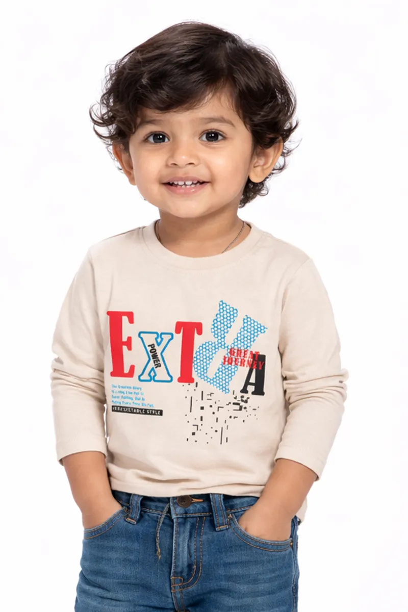 Printed Full-Sleeve T-Shirt for Boys - Beige