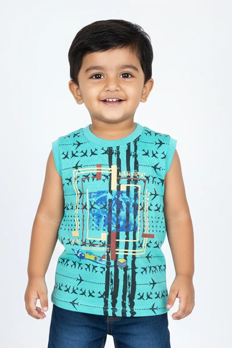 Printed Sleeveless T-Shirt for Boys - Sea Green