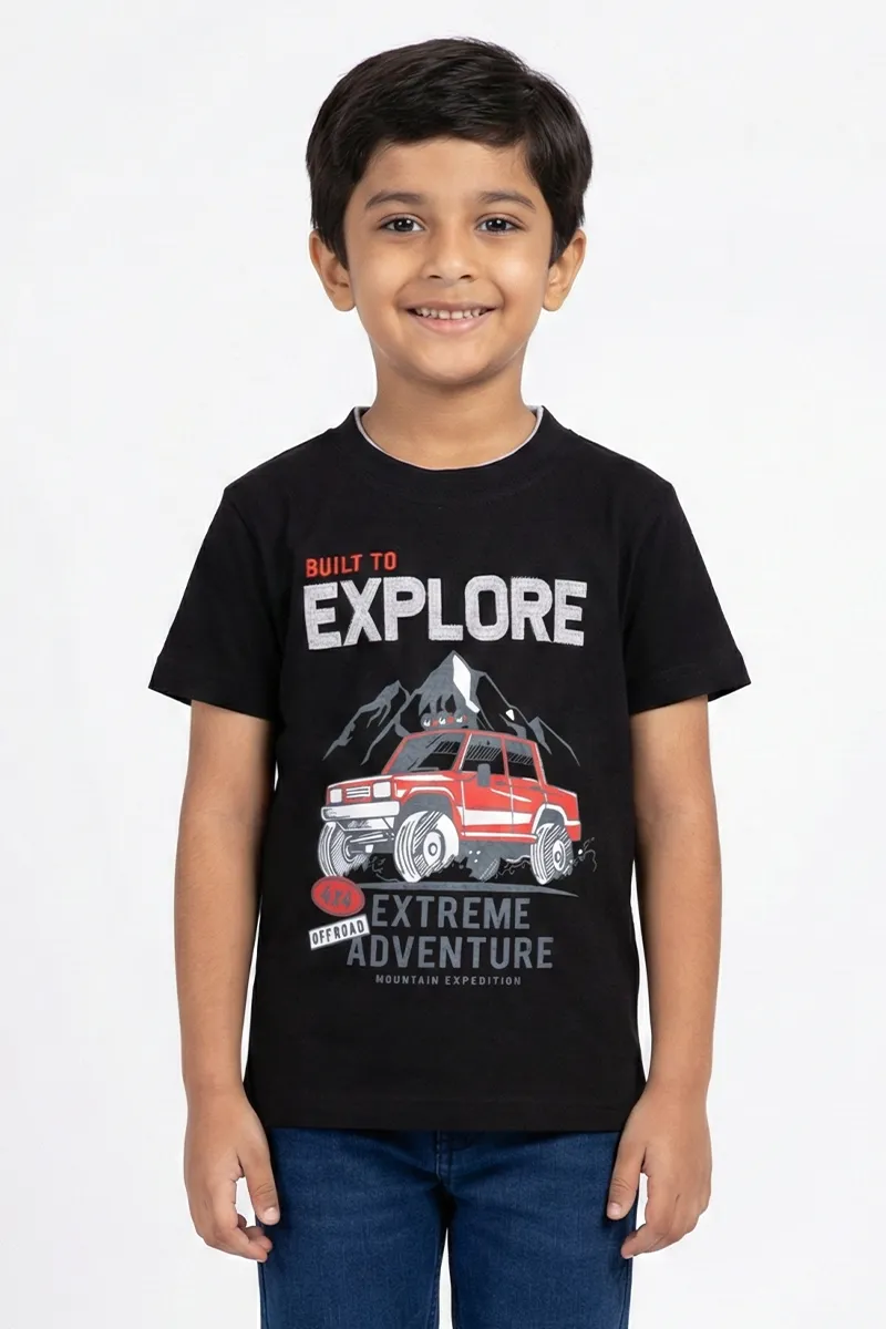 Printed Half Sleeve T-Shirt for Boys - Black
