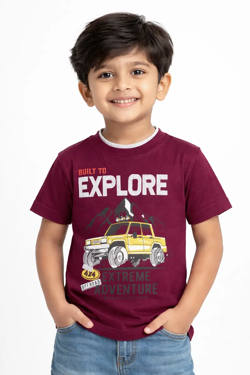Printed Half Sleeve T-Shirt for Boys,Burgundy-CLBT00327BUR45YR