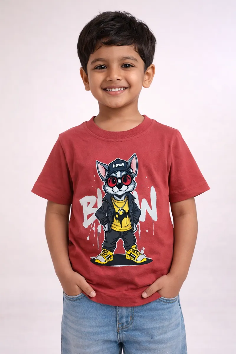 Cotton Printed Casual T-Shirt for Boys - Coral