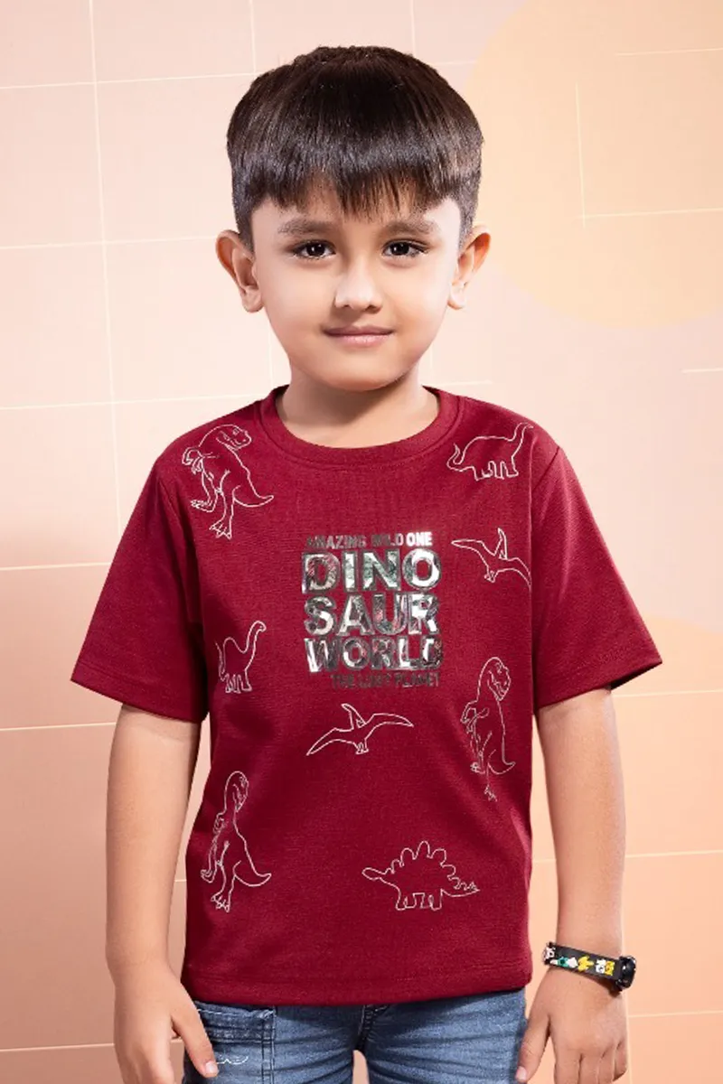 Cotton Printed T-Shirt for Boys - Maroon CLBT0074MAR34YRS