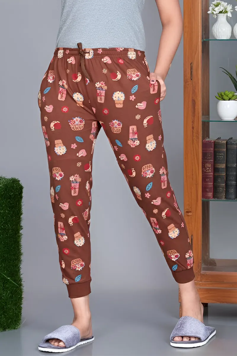 Cotton Printed Track Pant for Girls - Brown
