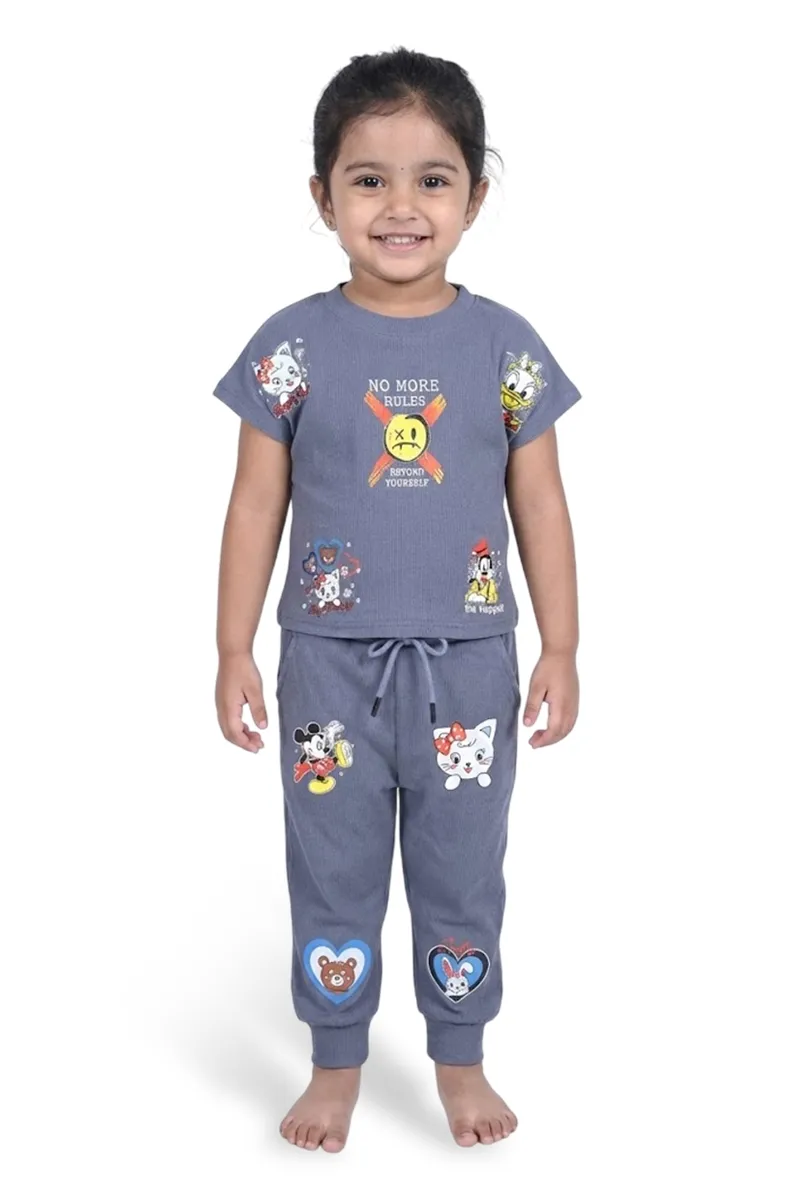 Girl's Cotton Blend Graphic Printed T-Shirt with Pant Set - Grey CLGCS001GRE78YR