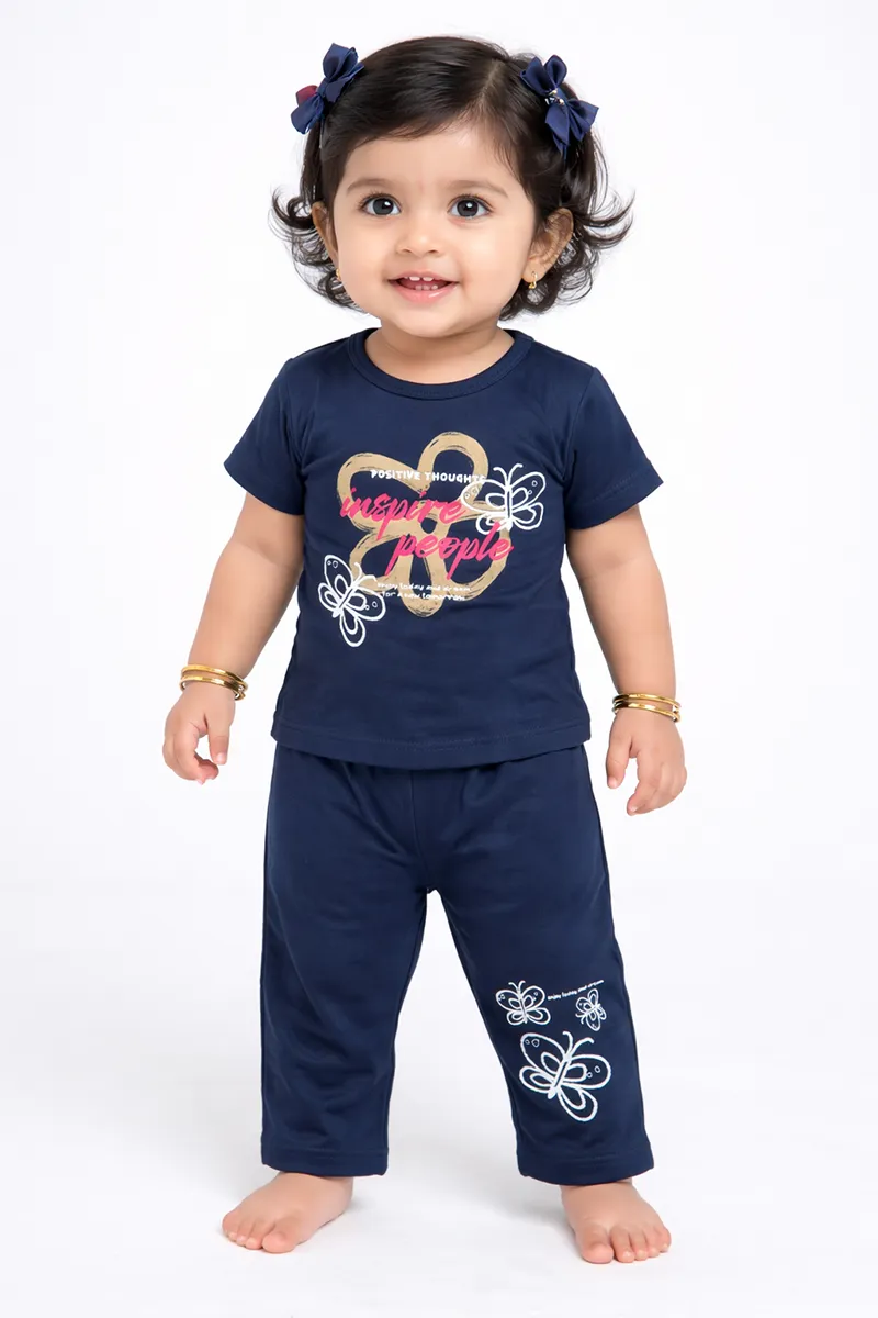 Printed T-Shirt and Pant Set for Girls - Dark Blue CLGCS0043DAR12YR