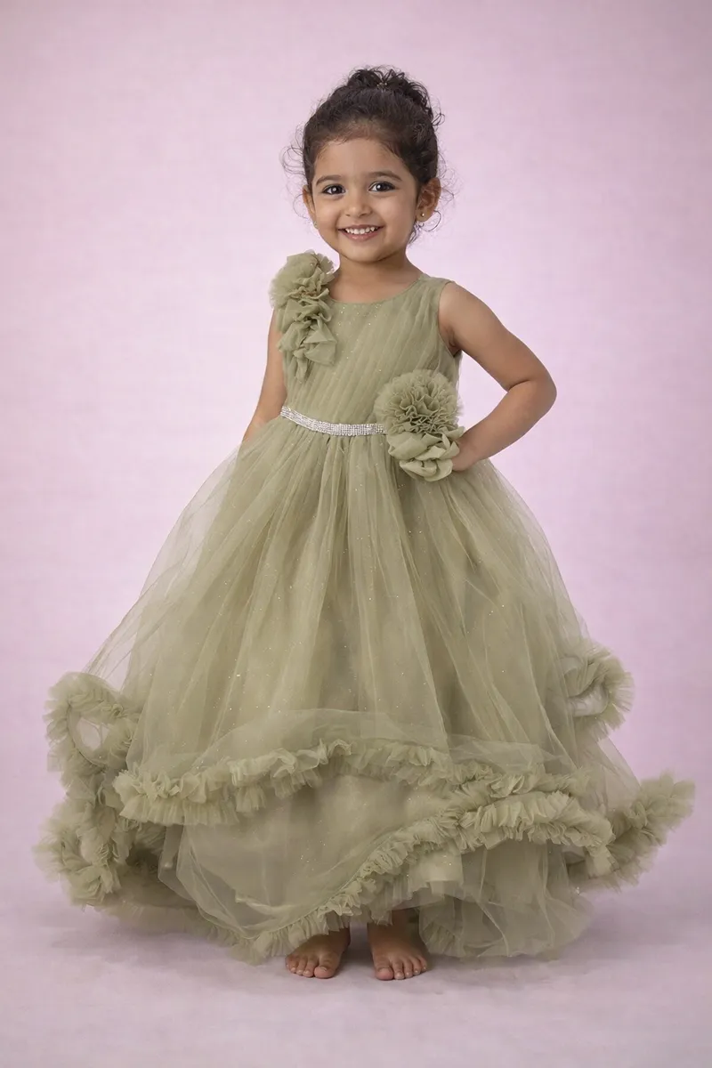 Girl's Netted Self Design Ruffled Tulle Party Frock - Sage