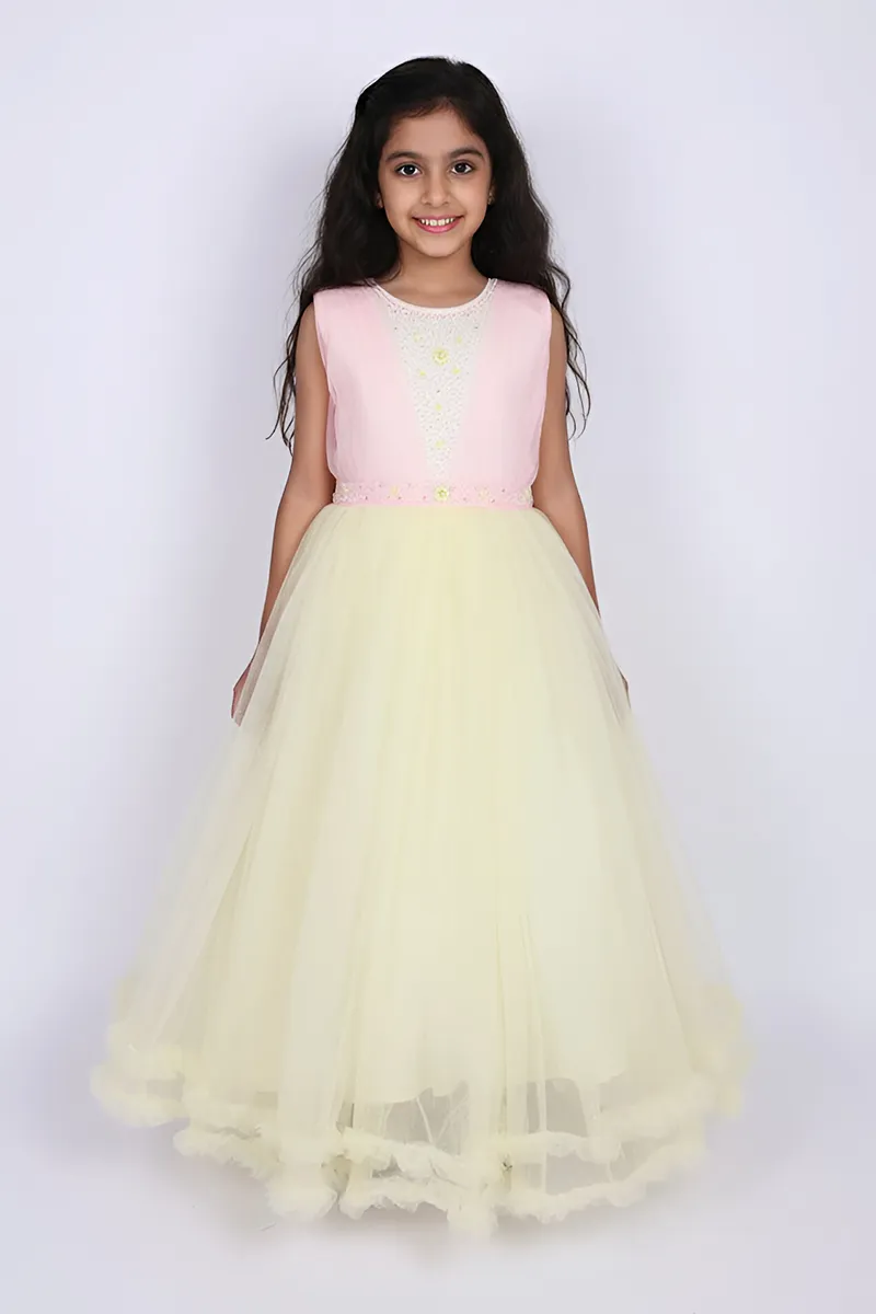 Girl's Polyester Embellished Tulle Party Frock - Yellow