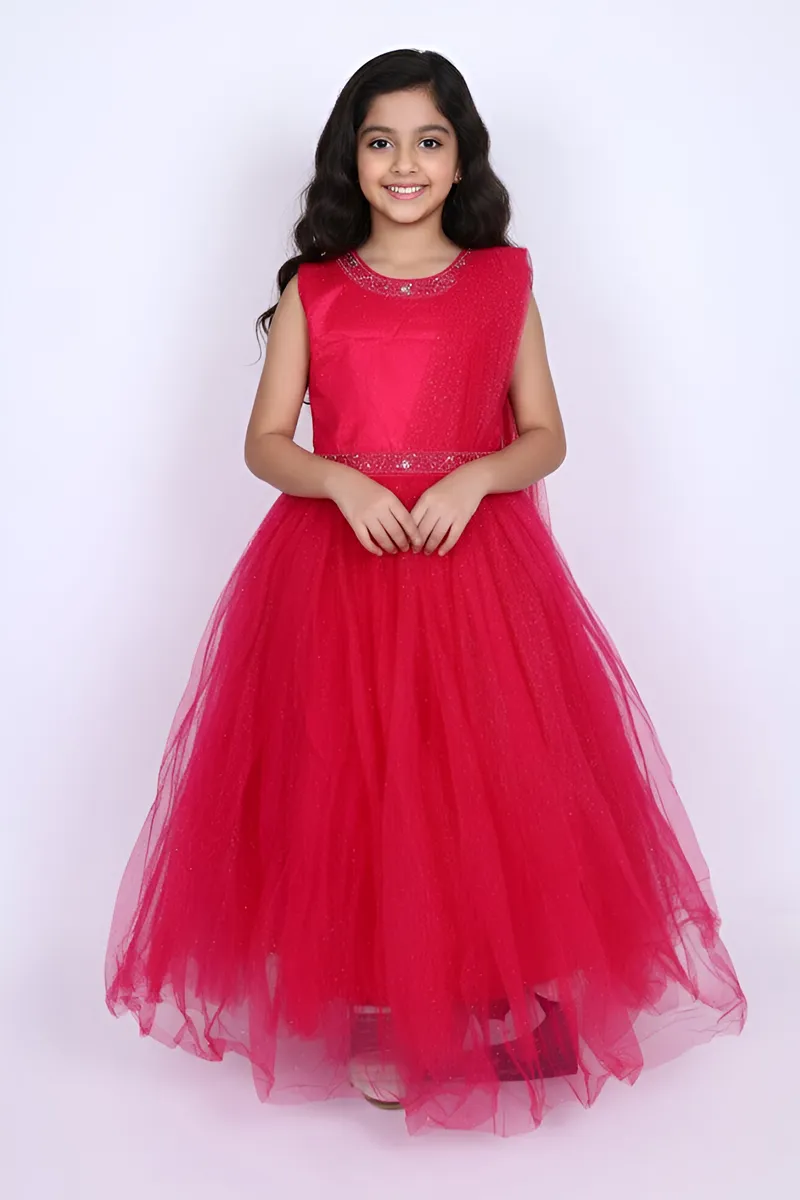 Girl's Polyester Embellished Tulle Party Frock - Pink