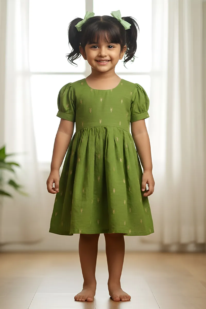 Raw Silk Festive Frock For Girls - Green CLGD0042GRE78YR