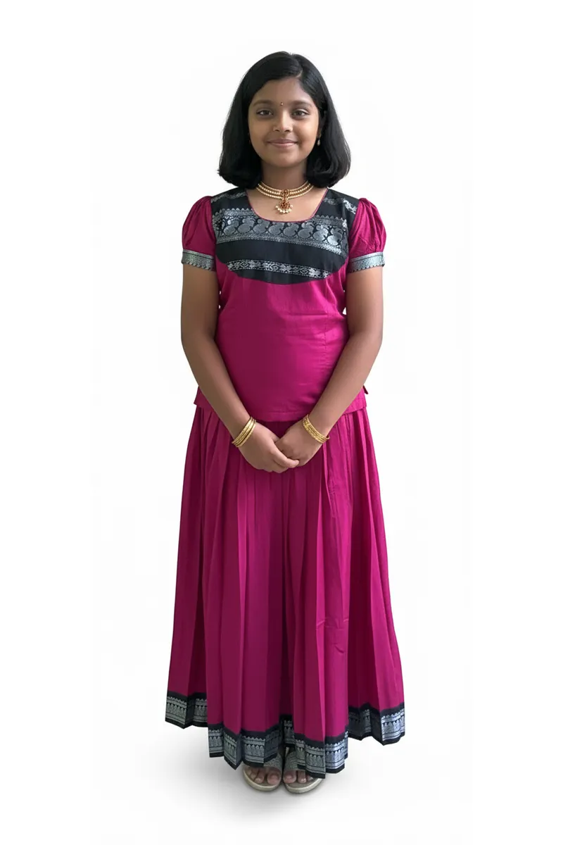 Pure Cotton Pattu Pavadai Set for Girls - Magenta