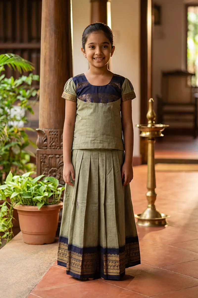 Pure Cotton Pattu Pavadai Set for Girls - Olive Green
