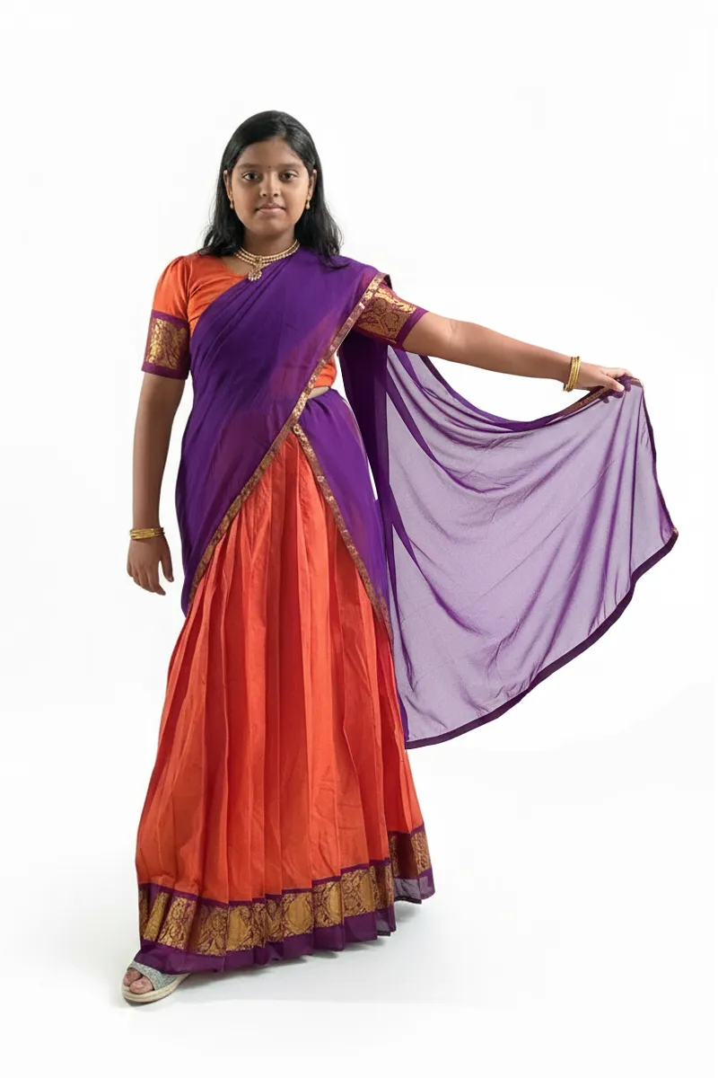 Pure Cotton Lehenga/Half Saree for Girls - Orange CLGE03ORA1112