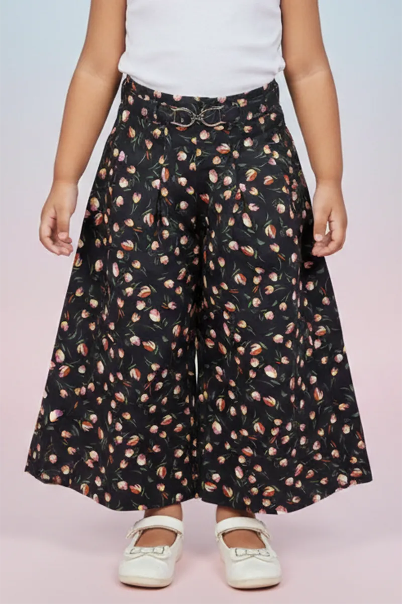 Girl's Rayon Printed Wide Leg Palazzo - Black