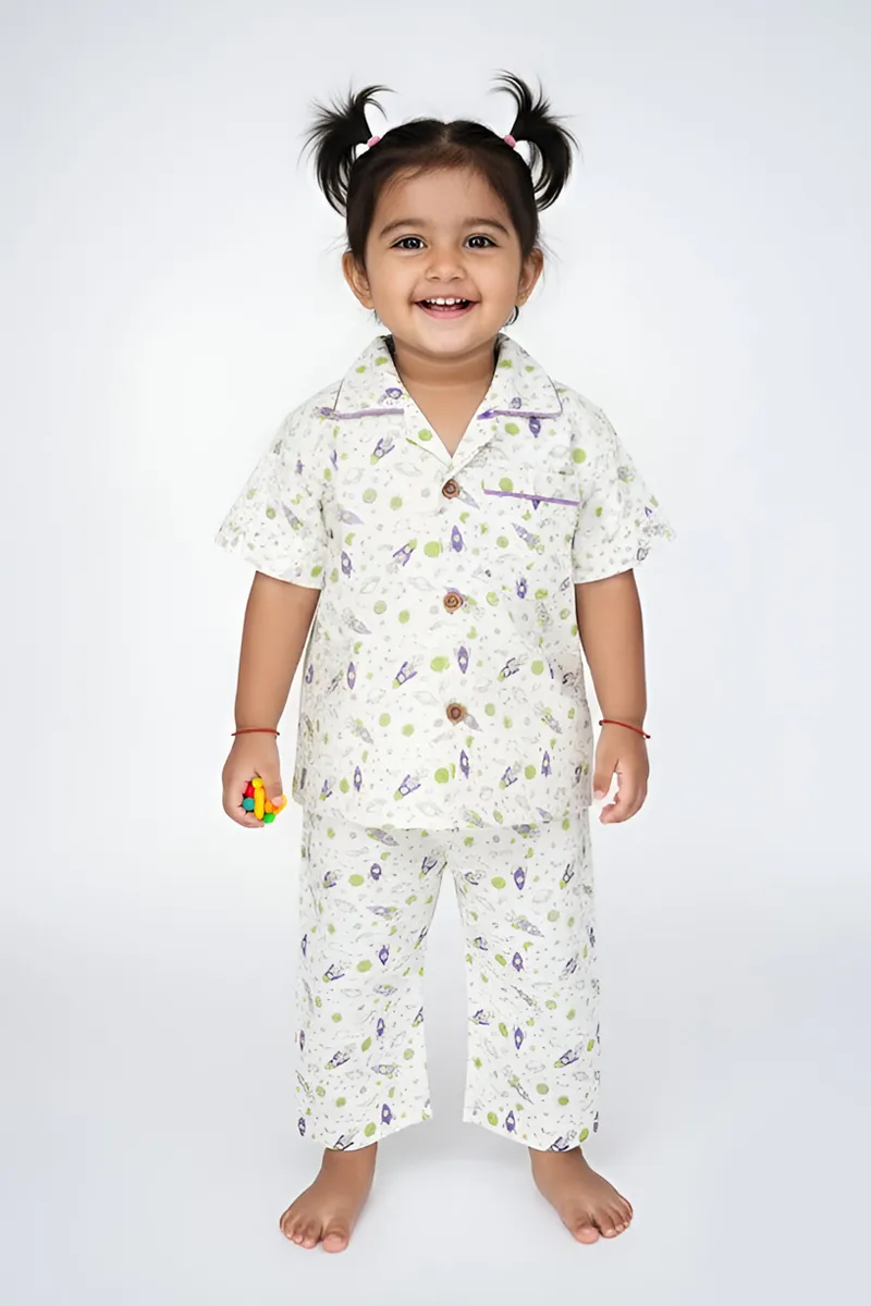 Girl's Cotton Printed Pyjama Set - Cream CLGPS001CRE56YR