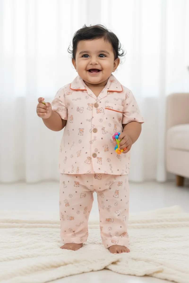 Girl's Cotton Printed Pyjama Set - Orange