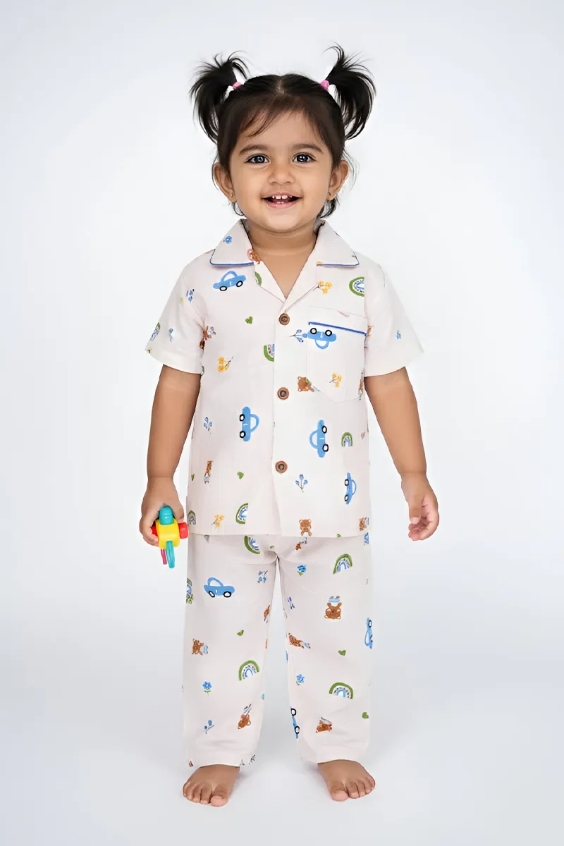 Girl's Cotton Printed Pyjama Set - Baby Pink