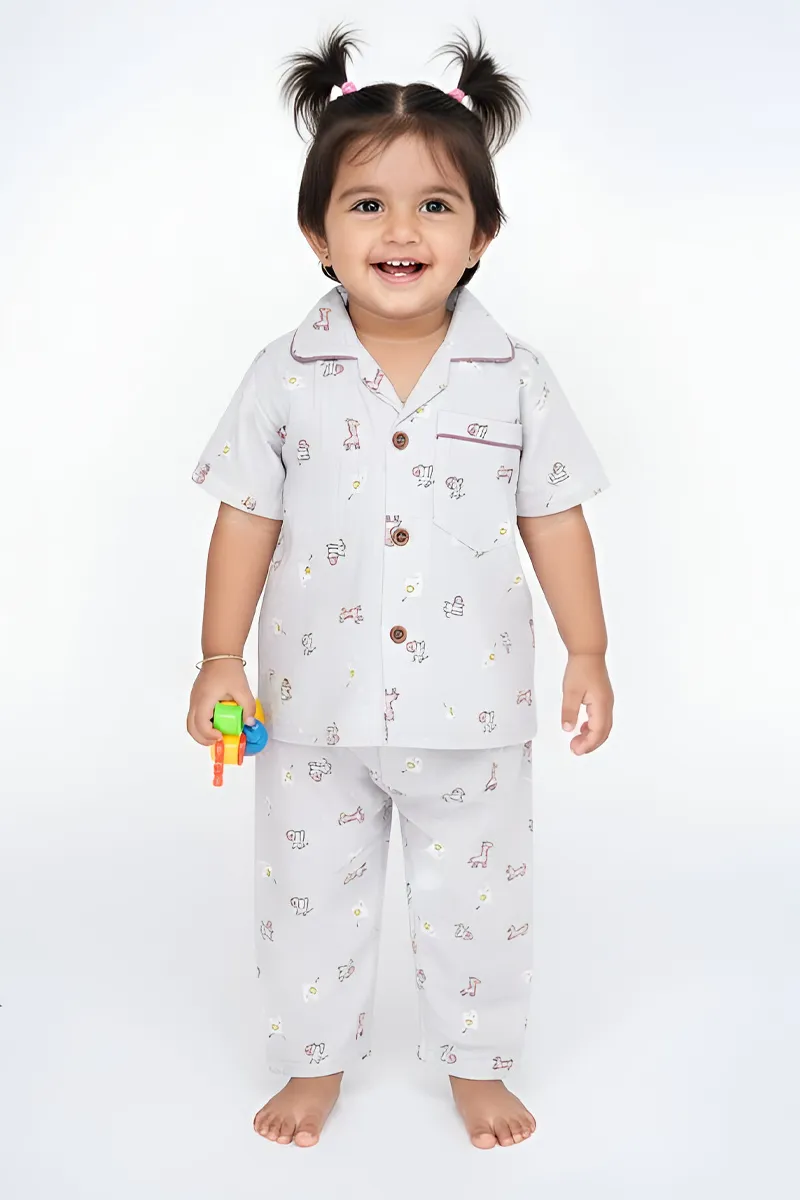Girl's Cotton Printed Pyjama Set - Grey