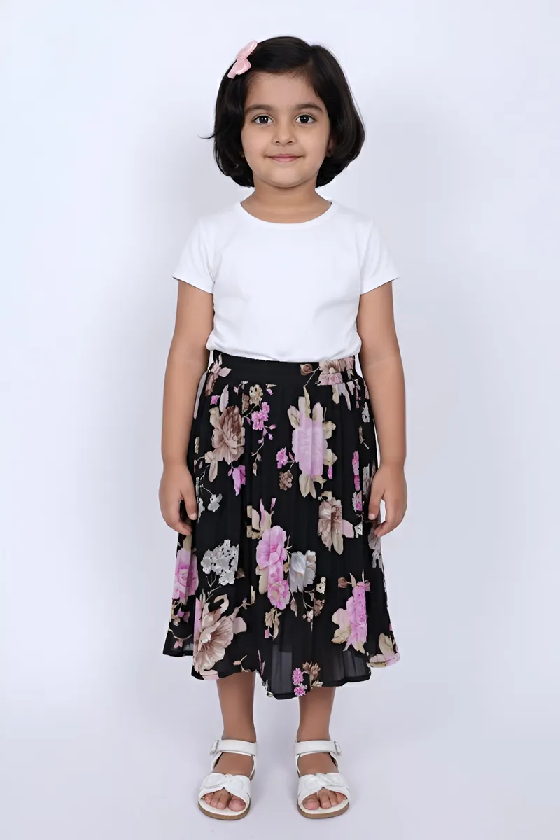 Girl's Polyester Floral Printed Flared Skirt - Black CLGS002BLA1112YR
