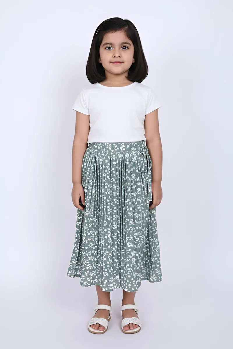 Girl's Polyester Printed Flared Skirt - Sage CLGS006SAG78YR