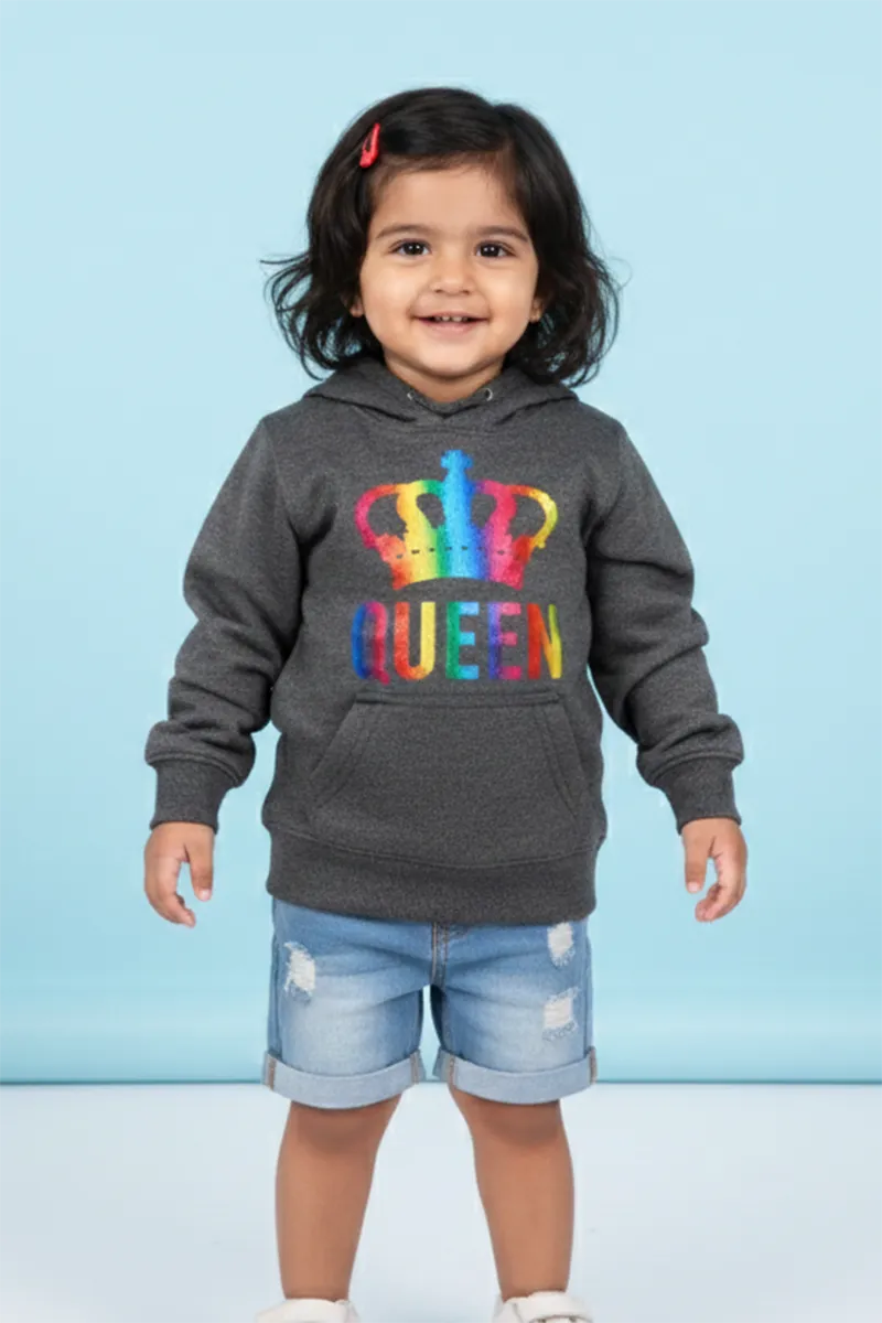 Cotton Blend Printed Casual Hoodie for Girls - Dark Grey