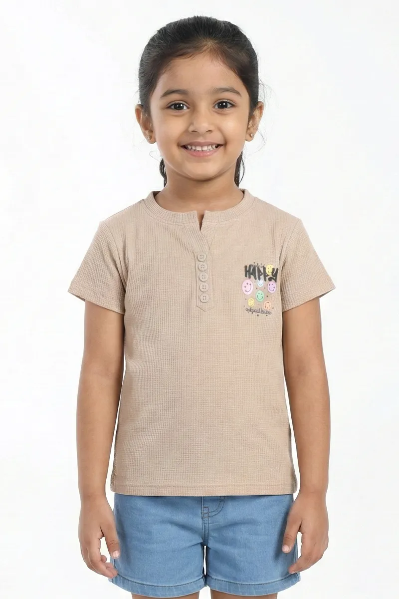 Printed Half-Sleeve Ribbed T-Shirt for Girls - Beige CLGT00205BEI910Y