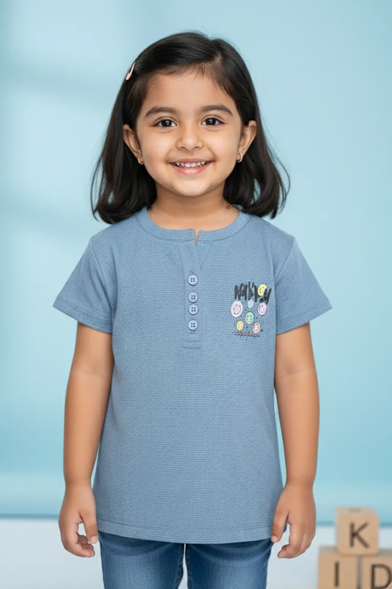 Printed Half-Sleeve Ribbed T-Shirt for Girls - Blue CLGT00205BLU78YR