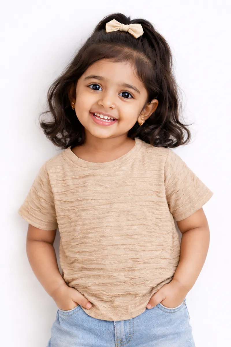 Textured Half-Sleeve Collared Top for Girls - Beige CLGT00208BEI78YR