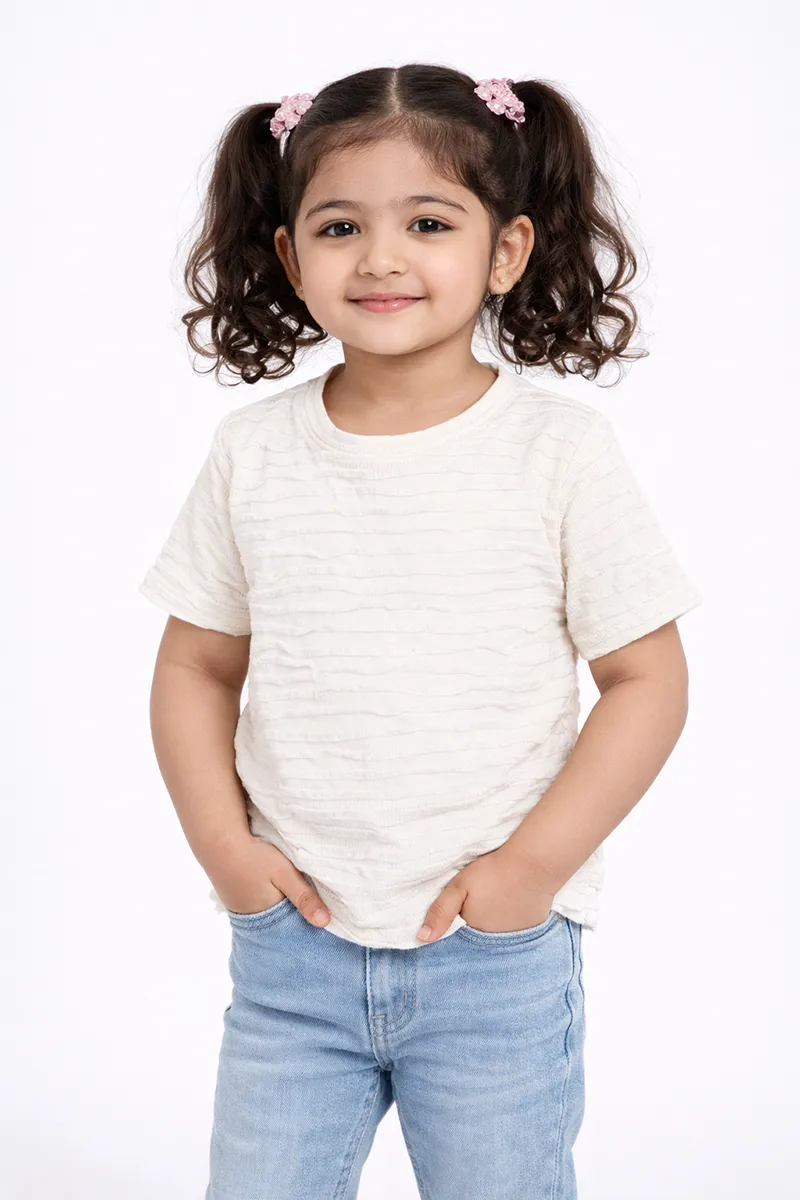 Textured Half-Sleeve Collared Top for Girls - Off White CLGT00208OFF1112