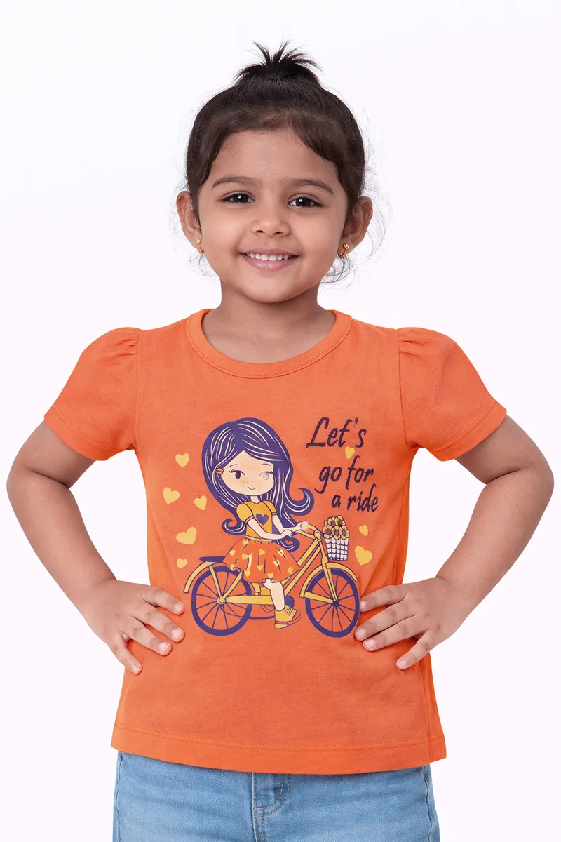 Printed Half Sleeve T-Shirt for Girls - Orange