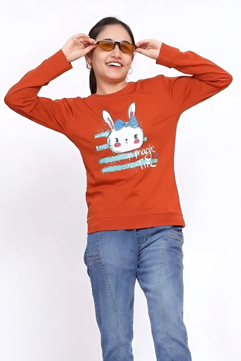 Printed Full-Sleeve T-Shirt for Girls - Rust