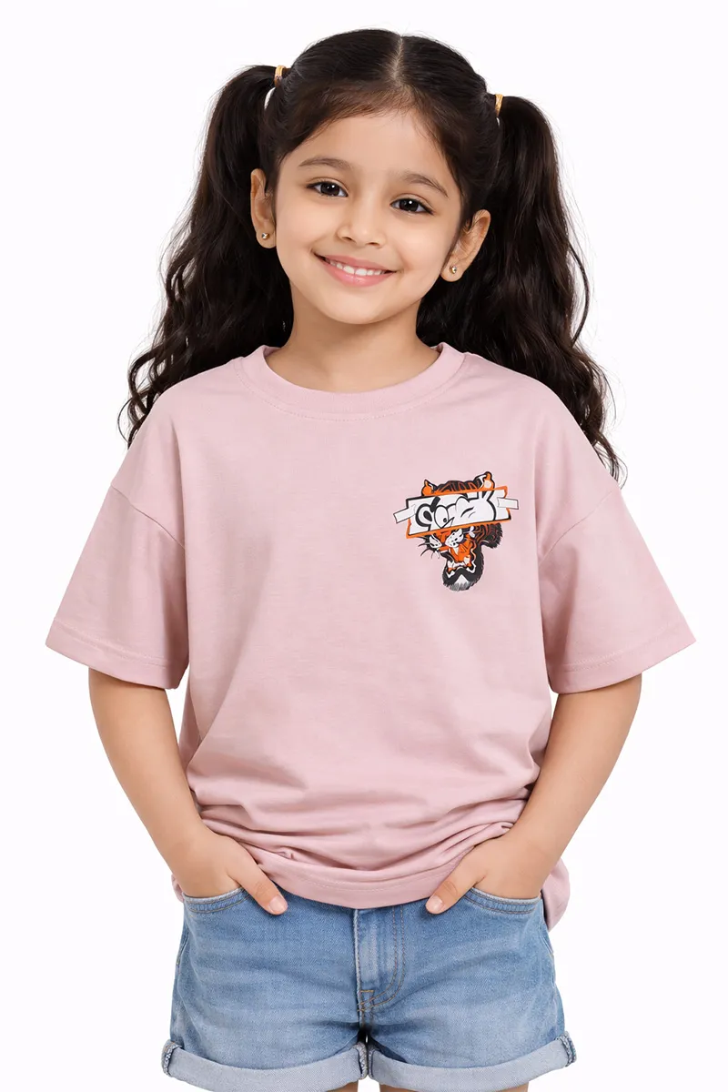 Front and Back Printed Drop-Shoulder T-Shirt for Girls - Dusty Pink