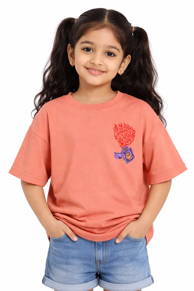 Front and Back Printed Drop-Shoulder T-Shirt for Girls - Coral
