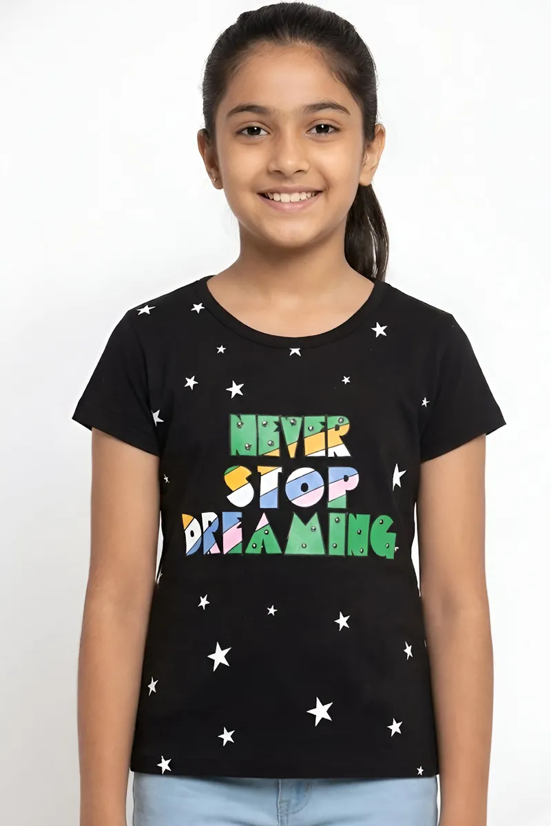 Printed Cotton T-Shirt for Girls - Black CLGT0062BLA910Y
