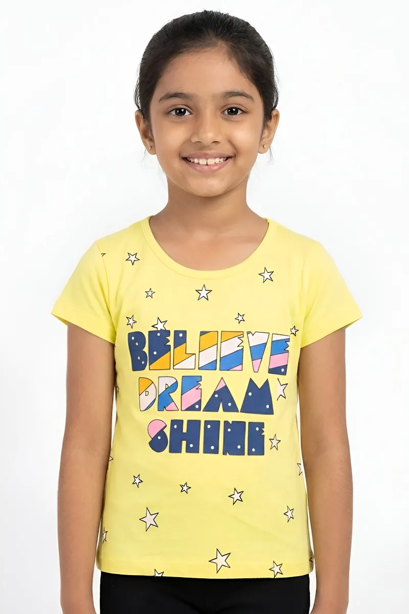 Printed Cotton T-Shirt for Girls - Yellow