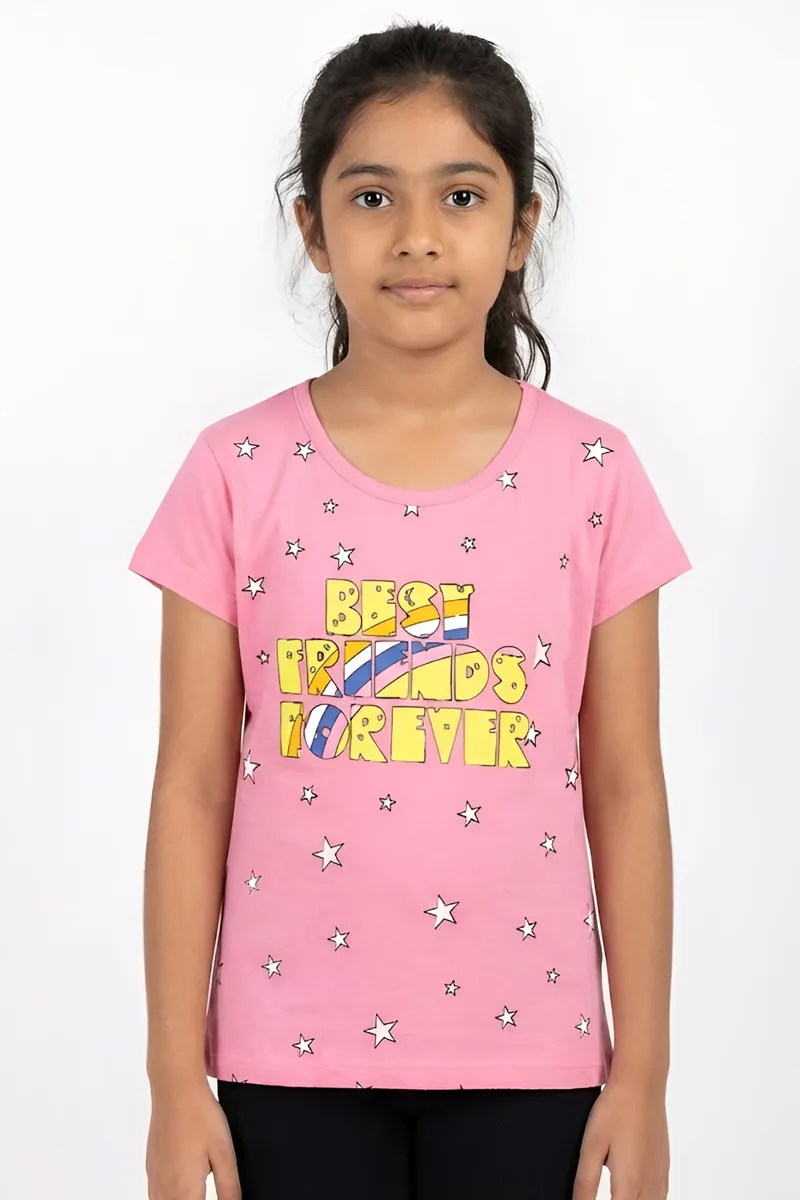 Printed Cotton T-Shirt for Girls - Pink CLGT0066PIN910Y