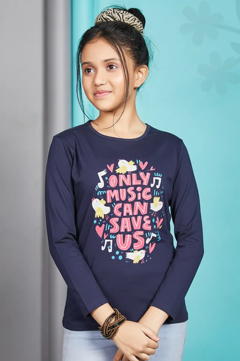 Cotton Printed T-Shirt for Girls - Navy Blue