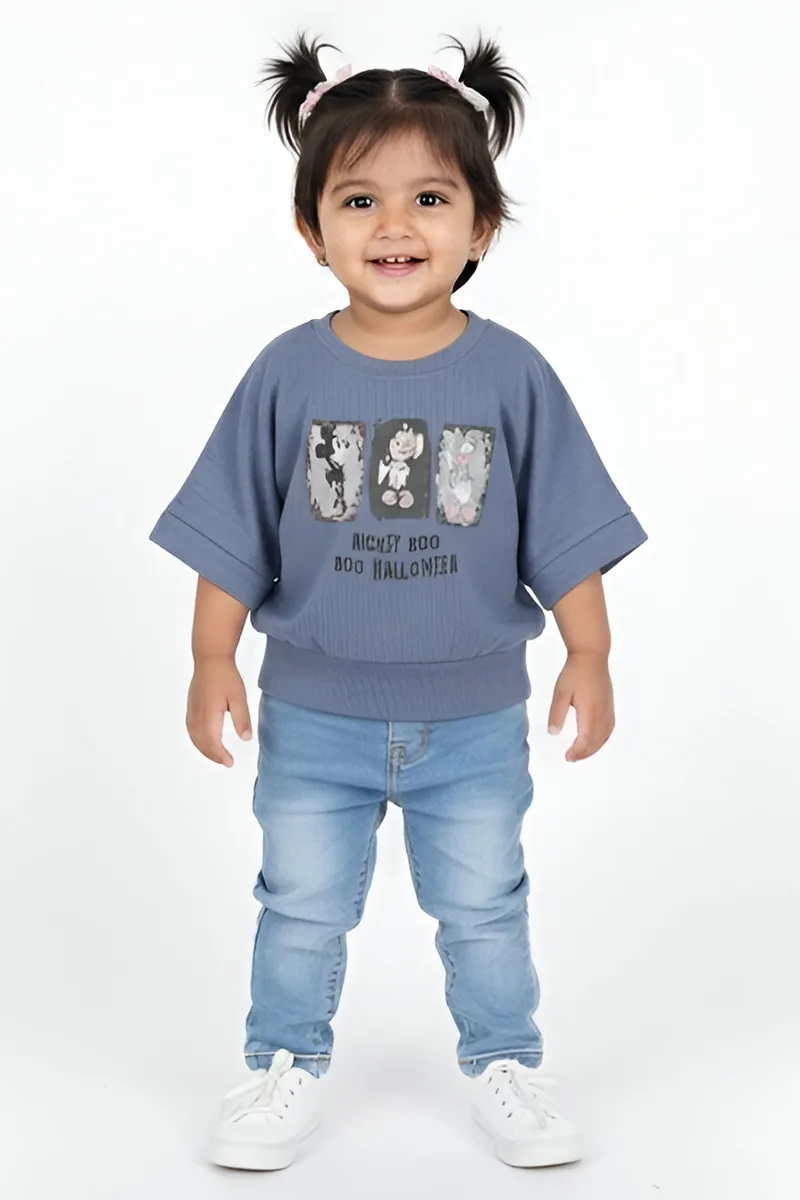 Girl's Cotton Graphic Printed Top - Blue Grey CLGT007BLUGRE67YR