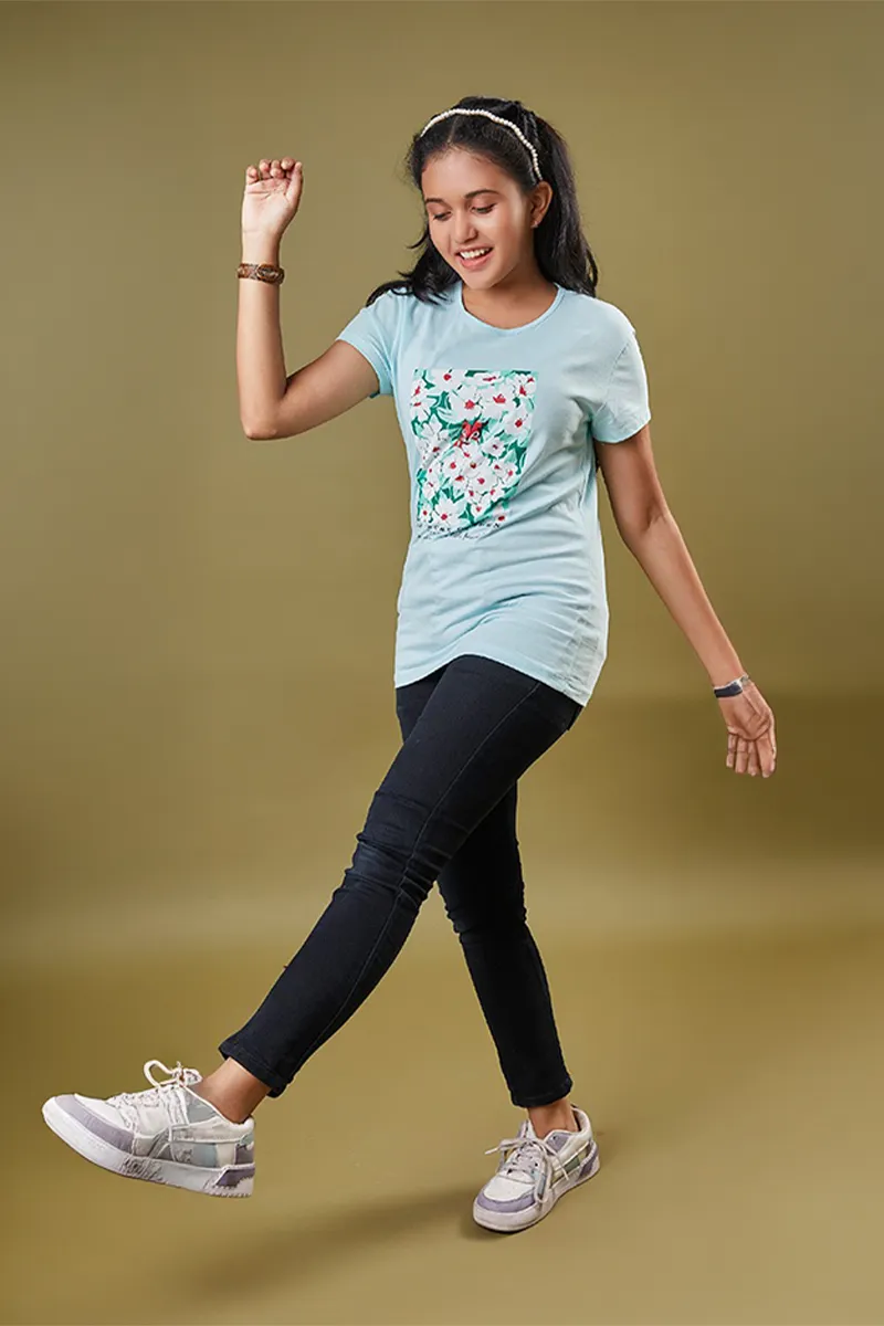 Cotton Printed T-Shirt for Girls - Blue