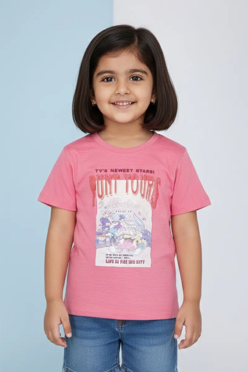 Cotton Lycra Printed T-Shirt for Girls - Pink CLGT0094PIN89YRS