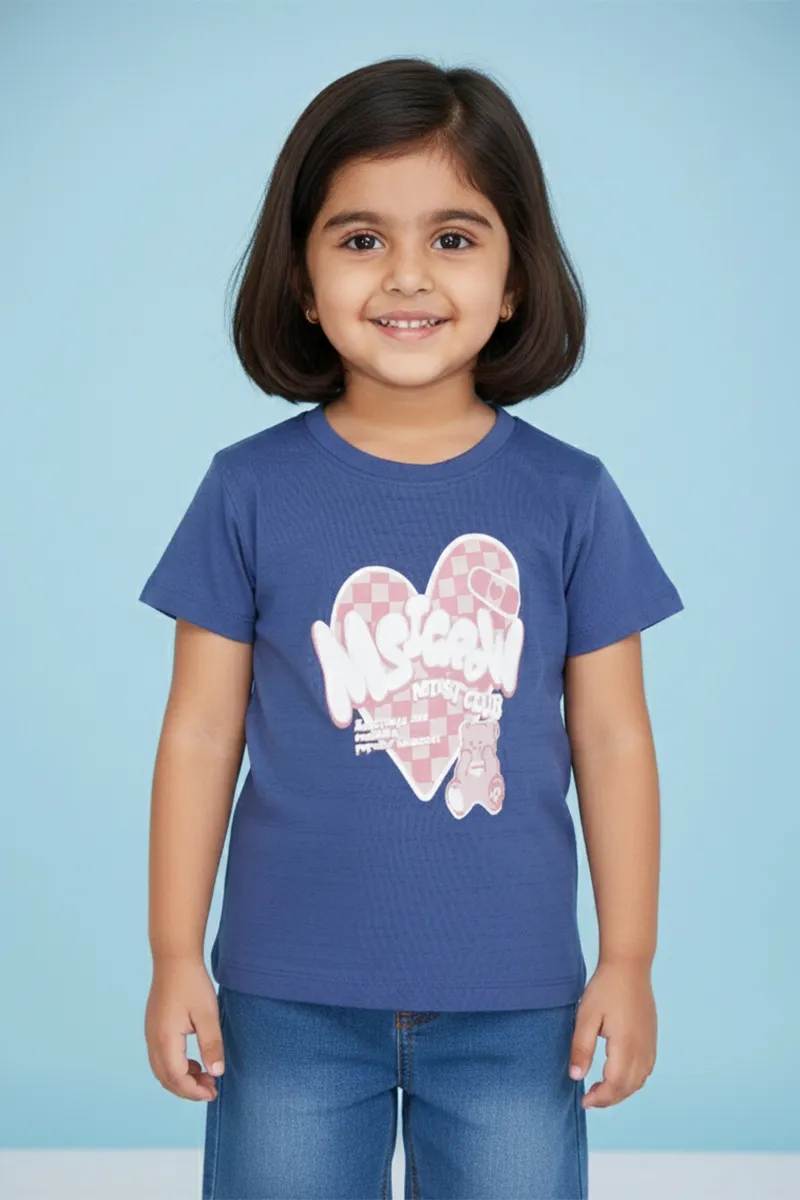 Cotton Lycra Printed T-Shirt for Girls - Navy Blue CLGT0097NAVBLU78YRS