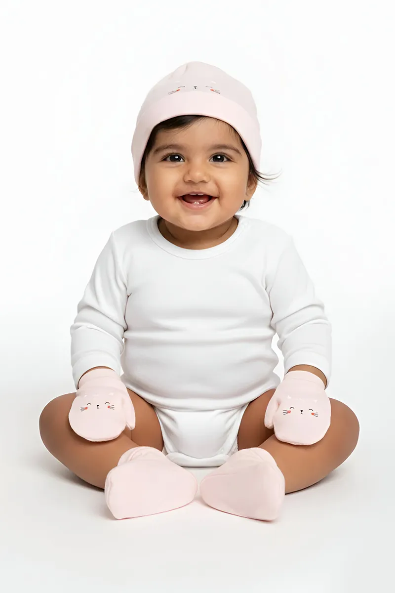 Cotton Printed Cap Mitten Booty Set for Babies - Peach