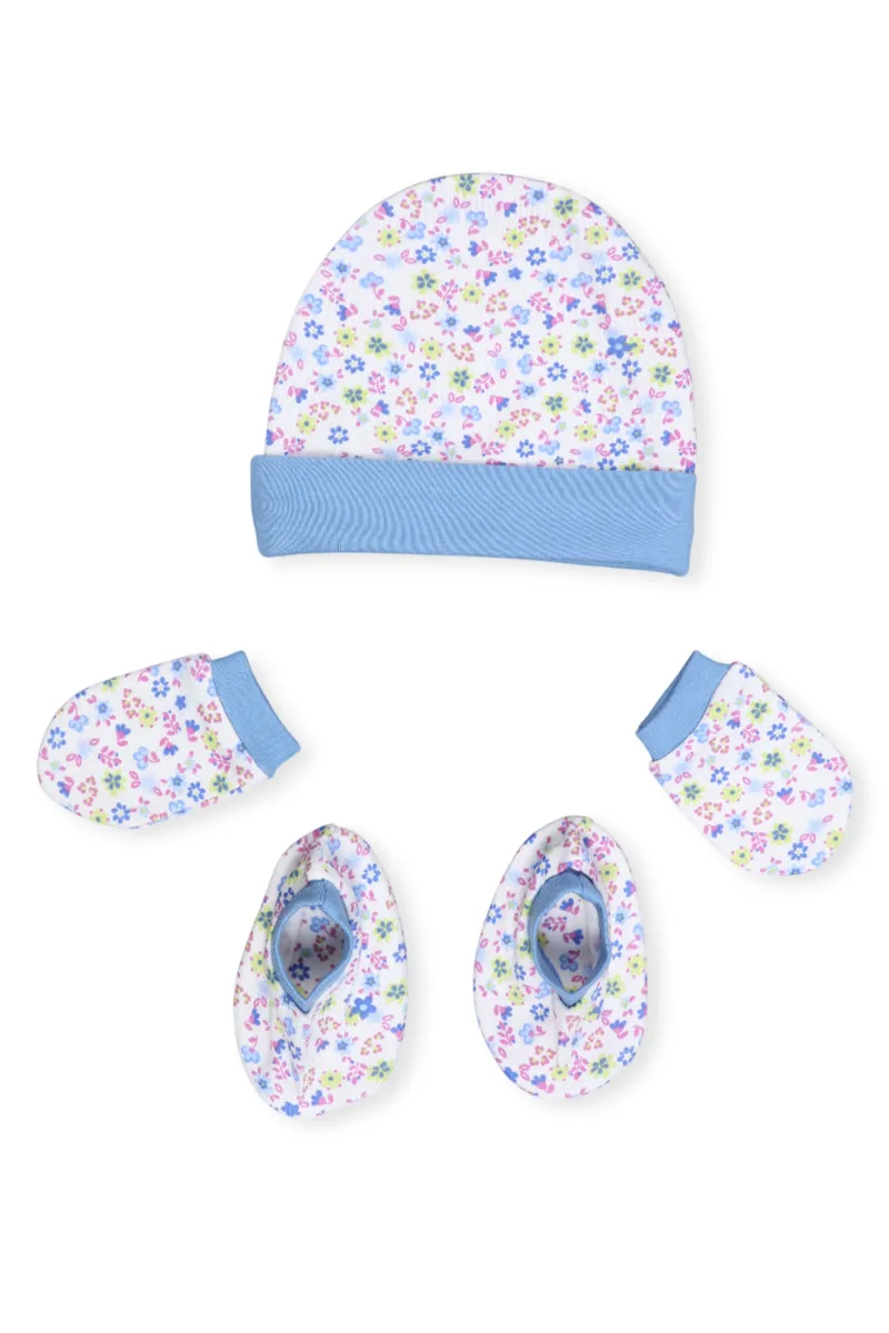 Cotton Printed Cap Mitten Booty Set for Babies - Blue