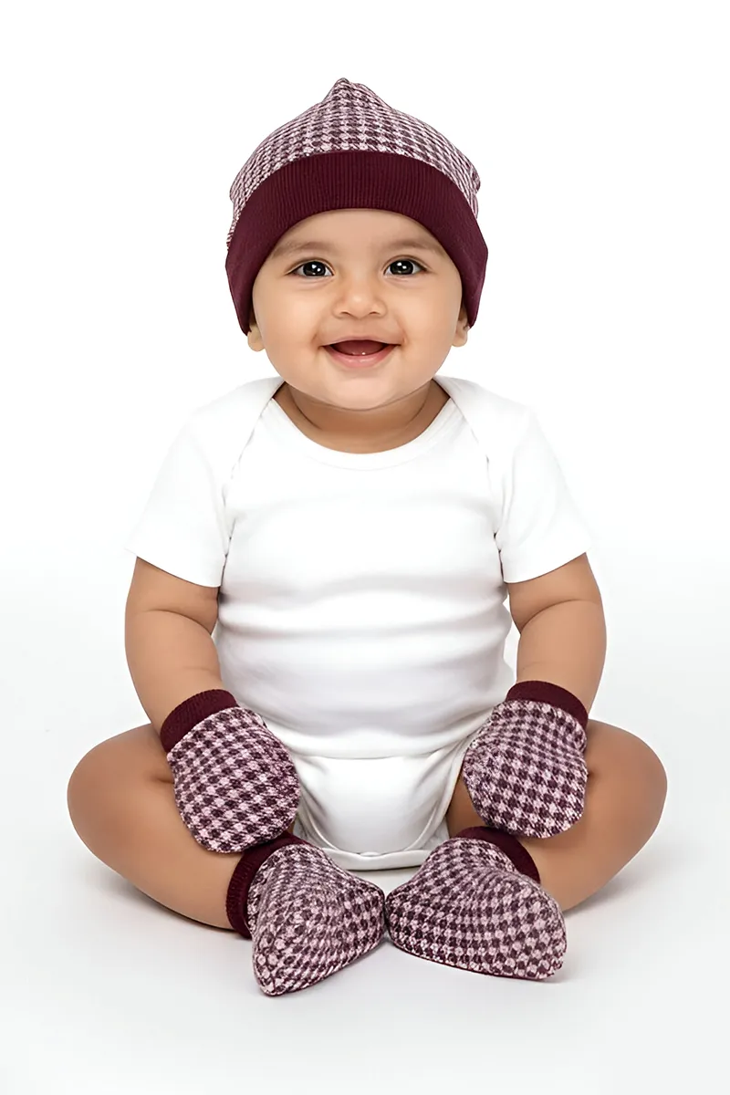 Cotton Printed Cap Mitten Booty Set for Babies - Wine CLJB00115WINFRESIZ