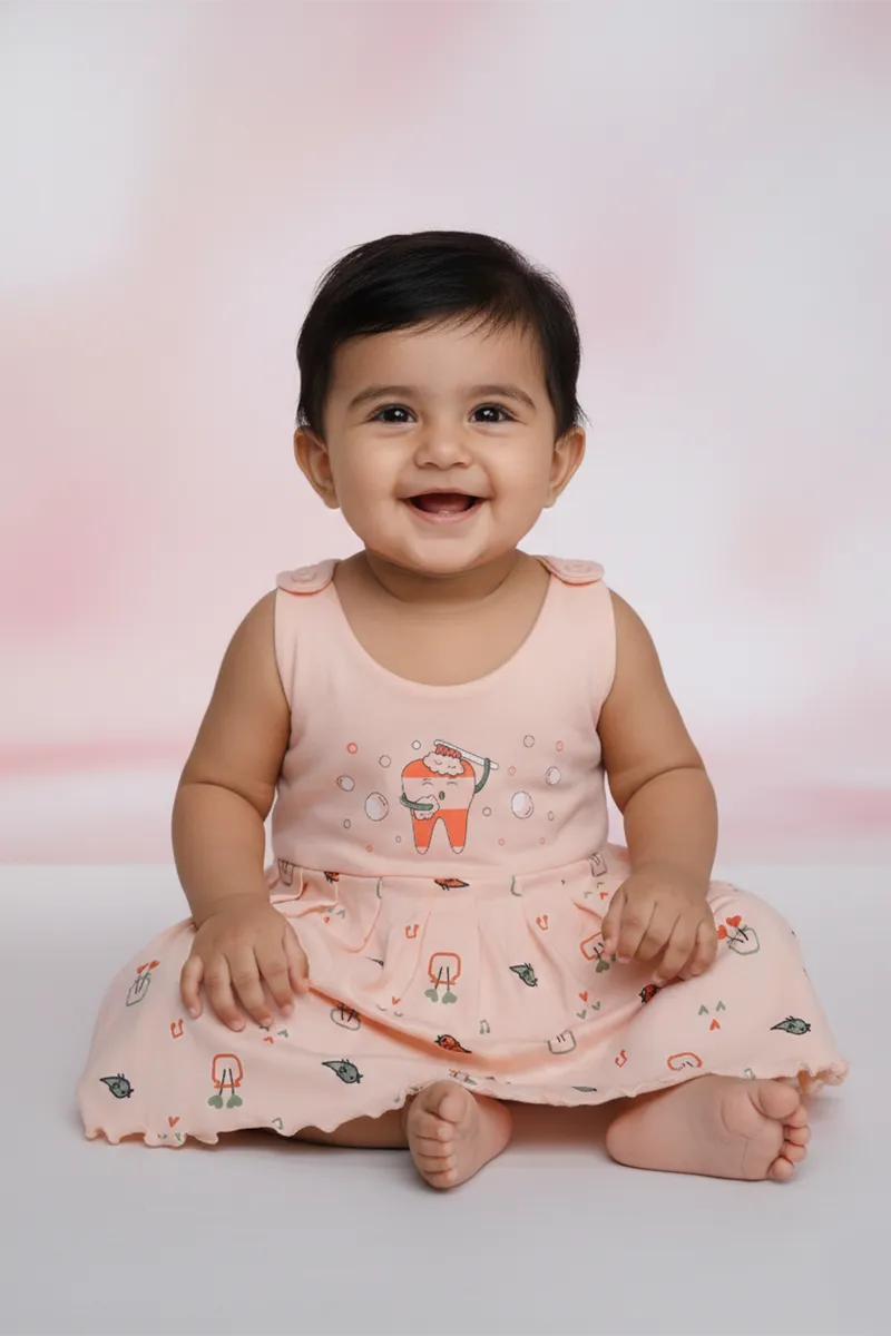 Printed Frock for Baby Girl - Peach