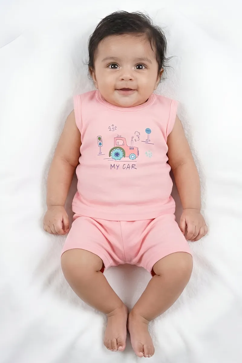 Cotton Printed Top with Shorts Set for Babies - Pink