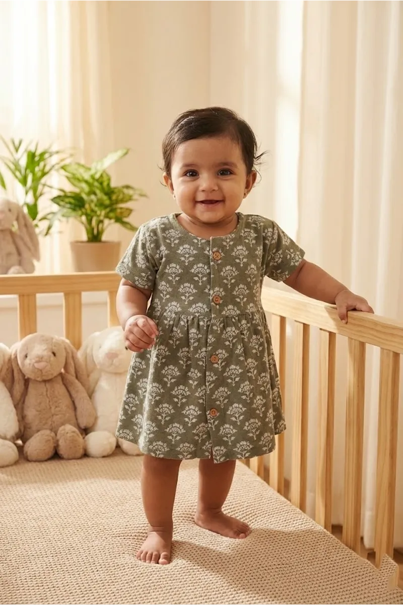 Cotton Printed Frock for Baby Girl - Olive