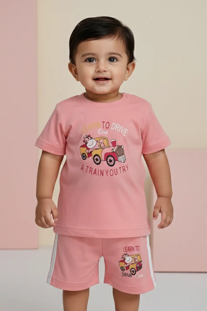 Printed T-Shirt and Shorts for Babies - Peach CLJBCS00293PEA36M