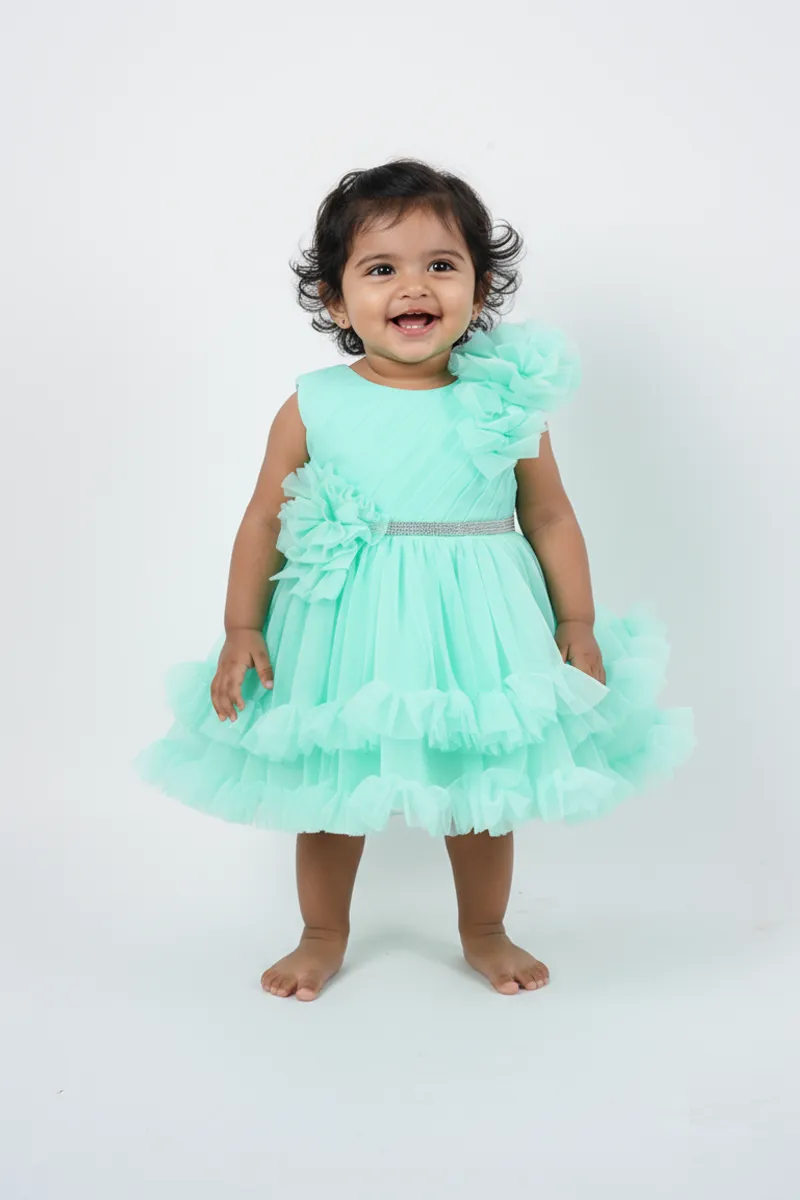 Baby Girl's Polyester Embellished Tulle Party Frock - Sea Green